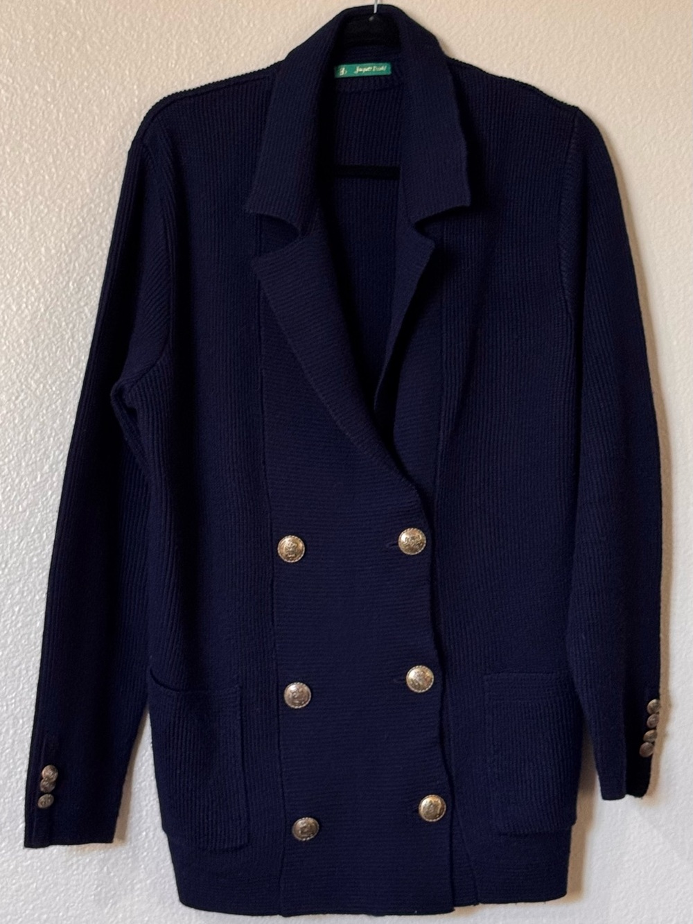 Navy Double-Breasted Cardigan Blazer with Gold Buttons